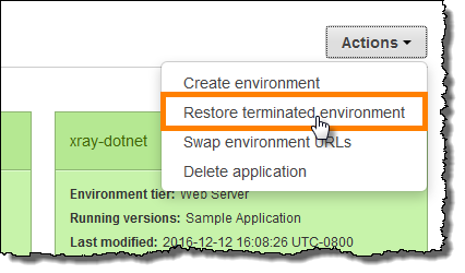 Actions dropdown menu with "Restore terminated environment" option highlighted.