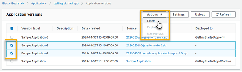 Eliminazione delle versioni dell'applicazione nella pagina delle versioni dell'applicazione della console Elastic Beanstalk