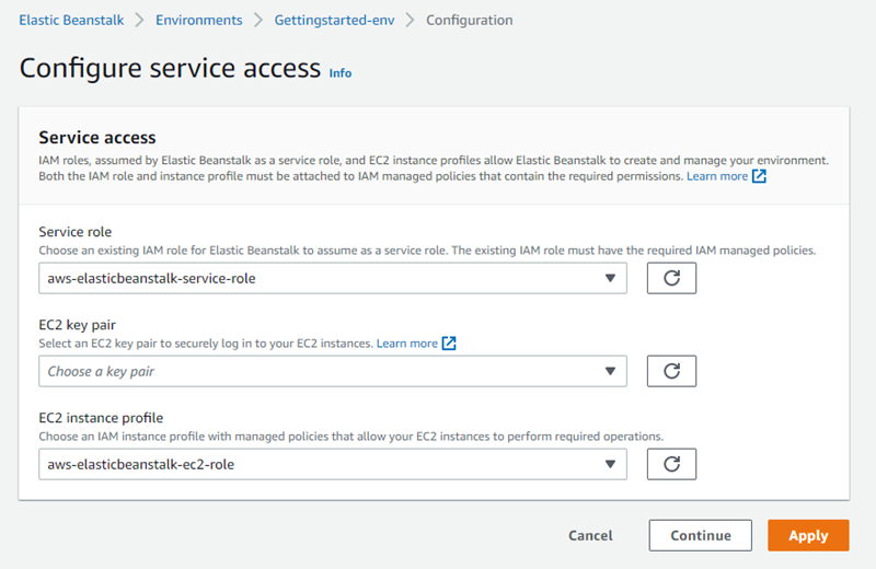 Pagina di configurazione dell'accesso ai servizi di sicurezza di Elastic Beanstalk