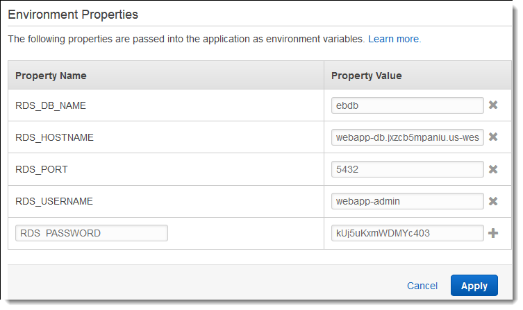 Sezione di configurazione delle proprietà dell'ambiente con RDS proprietà aggiunte