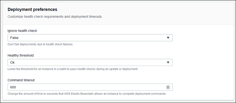 Pagina di configurazione della distribuzione dell'applicazione Elastic Beanstalk