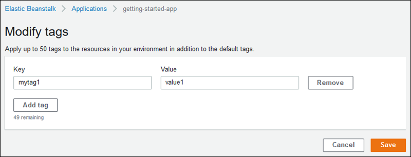 Pagina di configurazione Modify tags (Modifica tag) durante la creazione dell'ambiente nella console Elastic Beanstalk