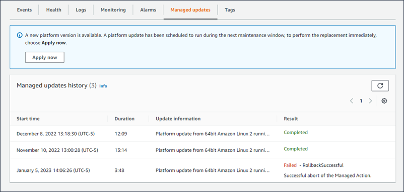 Pagina degli allarmi esistenti della console Elastic Beanstalk