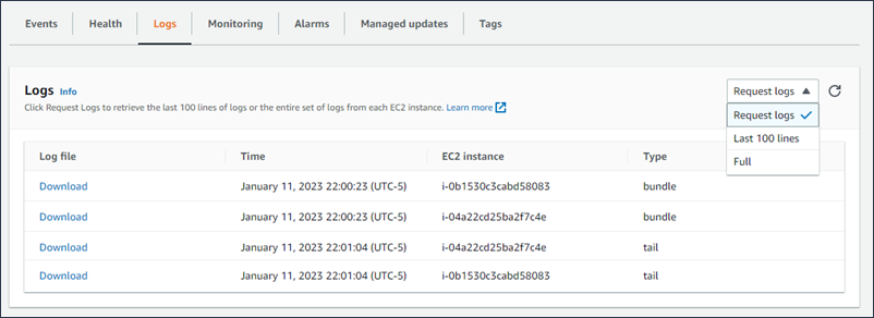 Pagina dei log dell'ambiente della console Elastic Beanstalk