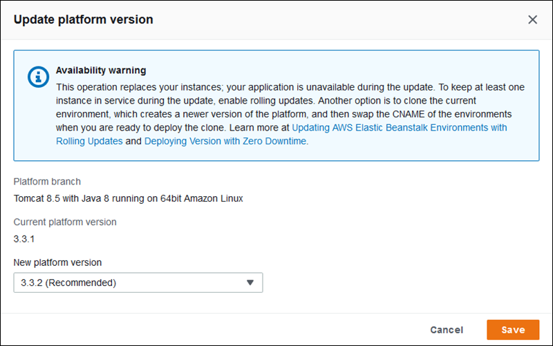 Conferma della versione di aggiornamento della piattaforma Elastic Beanstalk