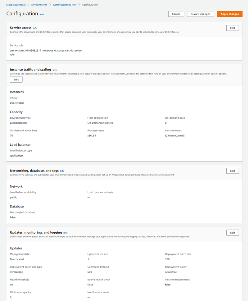 Pagina della panoramica della configurazione della console Elastic Beanstalk