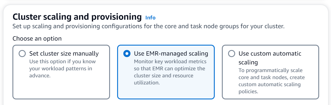 Cluster scaling options: manual, EMR-managed (selected), or custom automatic scaling.