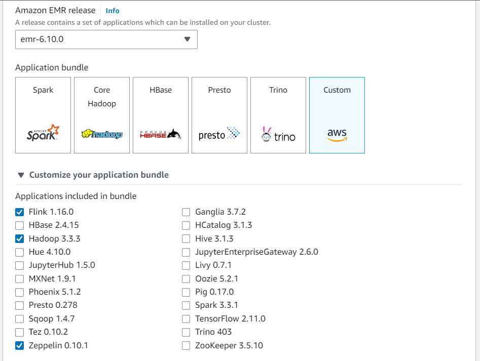 Nella console Amazon EMR, personalizza il tuo bundle di applicazioni con l'opzione Personalizzato. Includi almeno Flink, Hadoop e Zeppelin nel tuo bundle