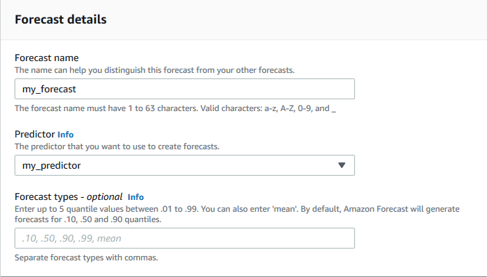 Forecast details form with fields for name, predictor info, and optional forecast types.