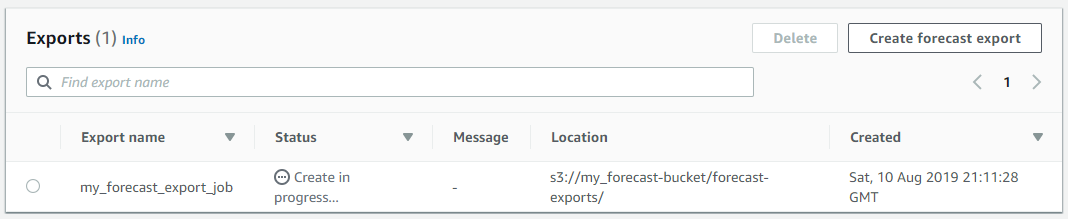 Exports section showing a single forecast export job in progress with location and creation date.