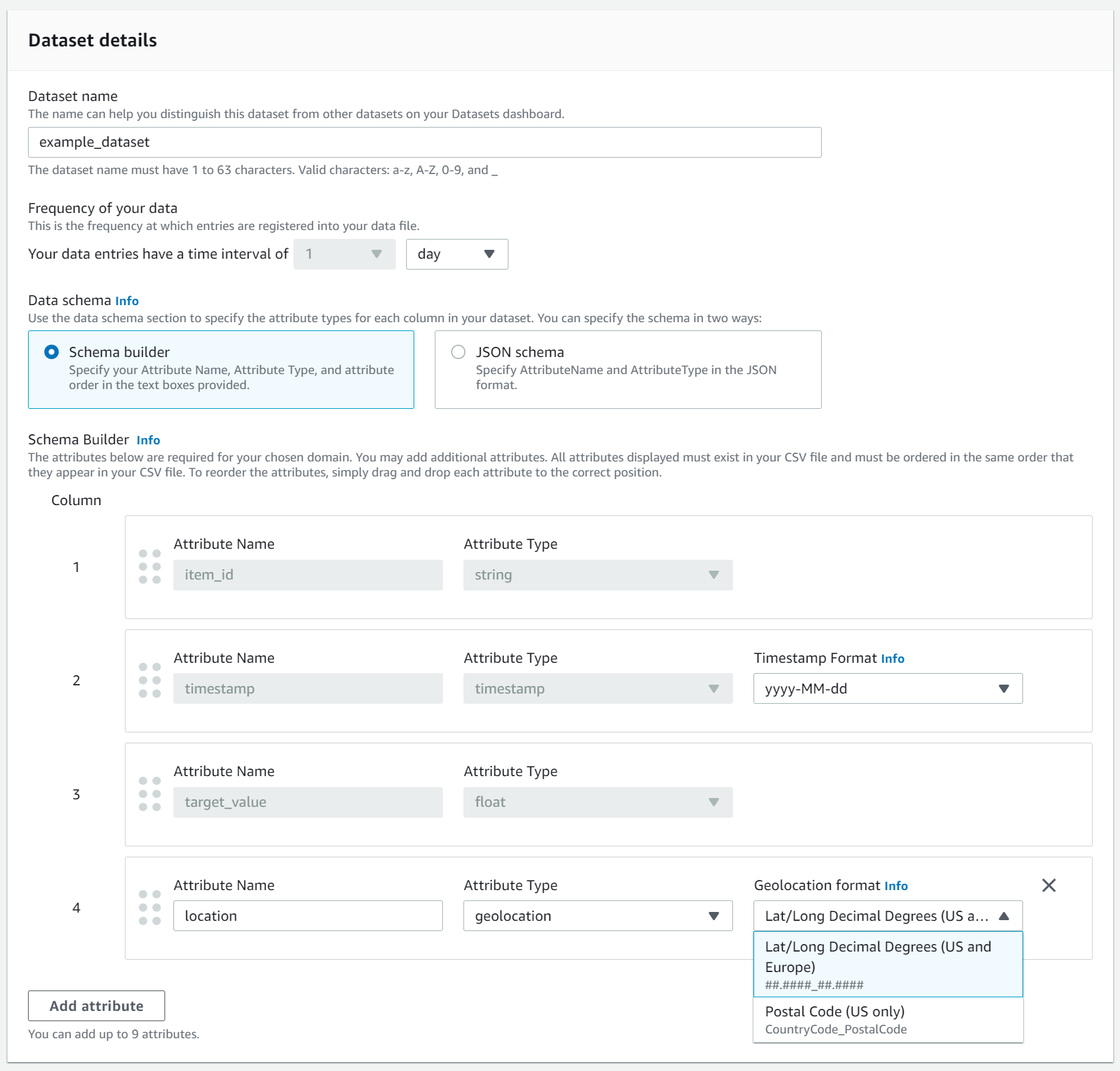 Dataset details form with name, frequency, and schema builder for attribute specification.