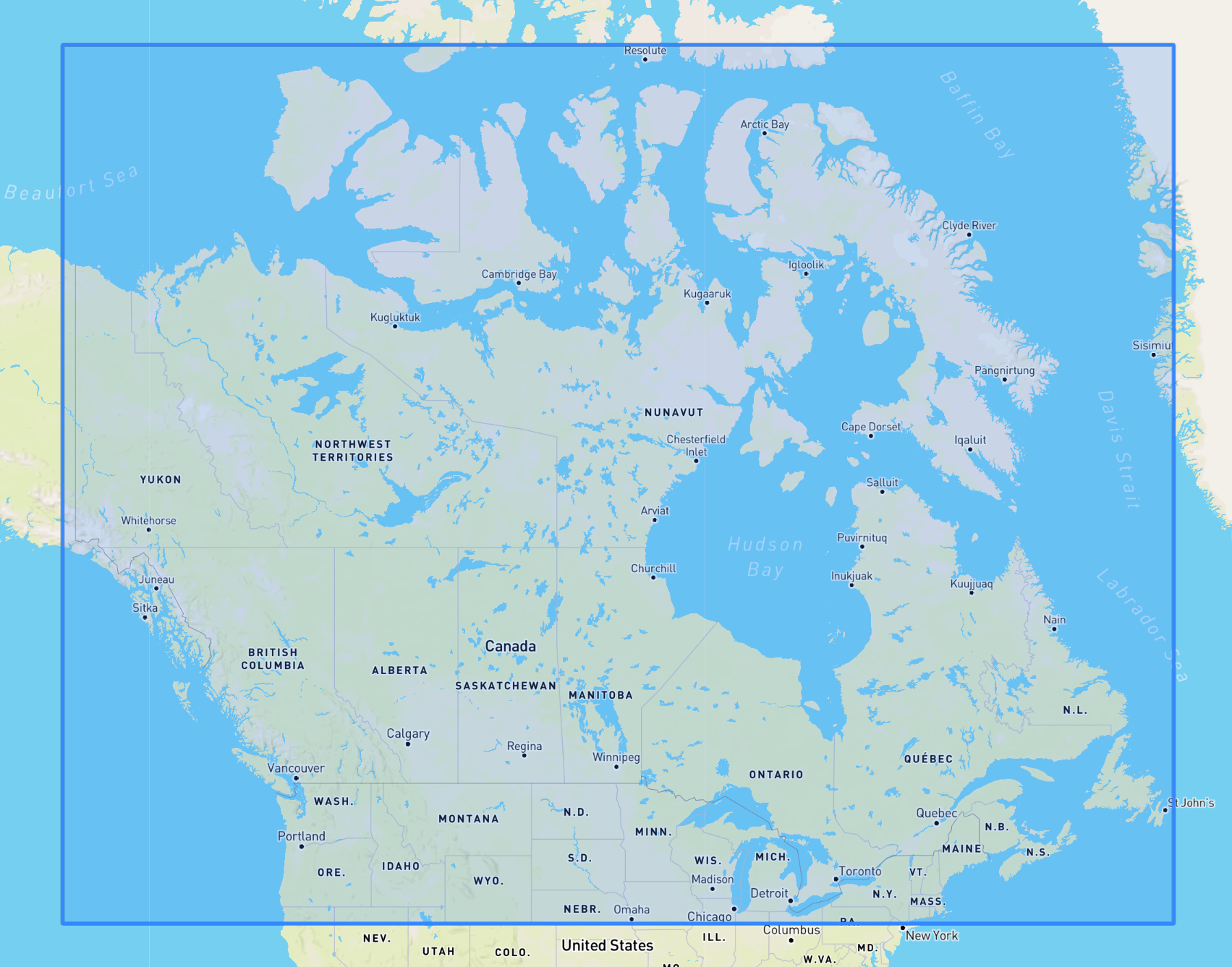 Map showing northern Canada and parts of the US, highlighting territories and major cities.