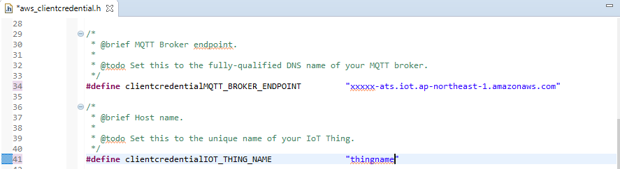 Frammento di codice che mostra il nome dell' AWS IoT oggetto e le impostazioni di configurazione dell'endpoint del broker.