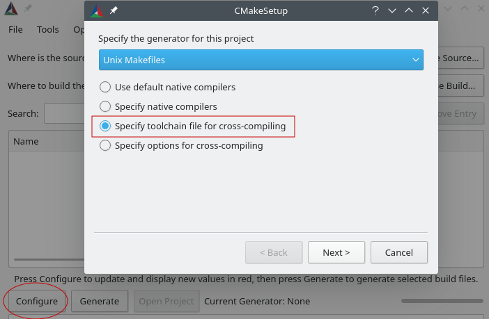 MakeSetup Dialogo C con opzioni per specificare il generatore per il progetto come Unix Makefiles e specificare il file della toolchain per la compilazione incrociata.