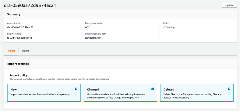 Pagina Amazon FSx Details di un'associazione di repository di dati.