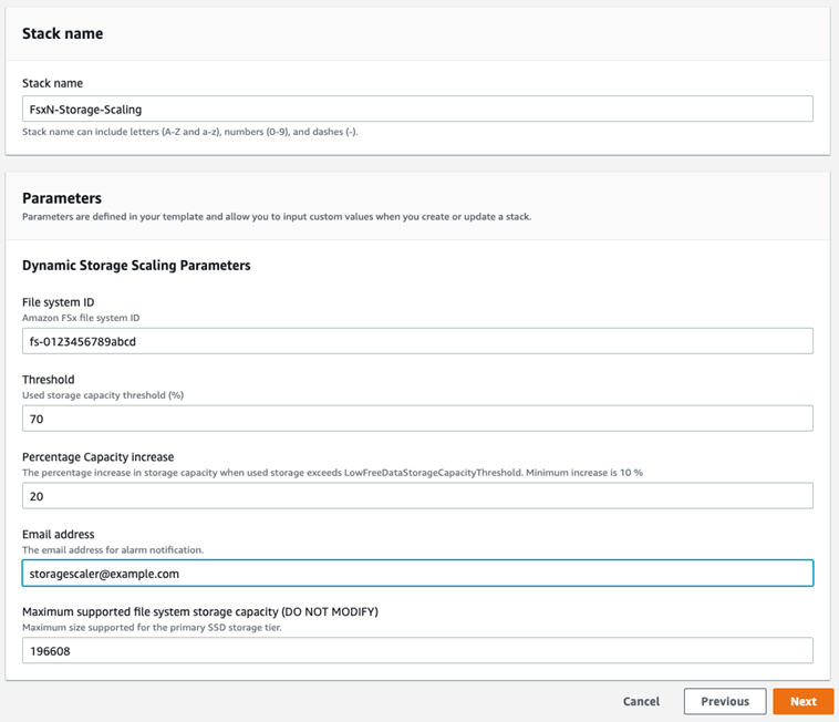 I valori inseriti nella pagina Specificare i dettagli dello stack per il modello CloudFormation