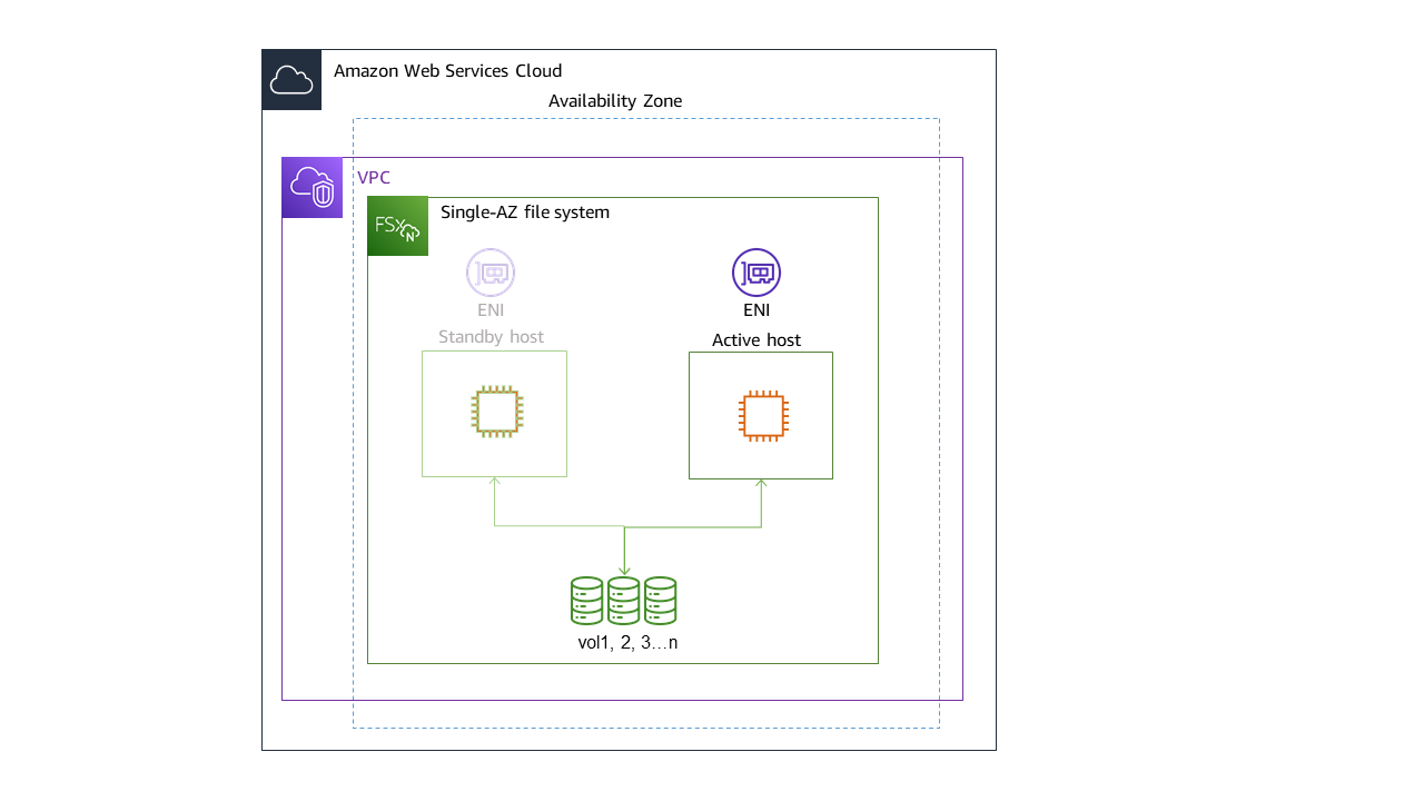 Diagramma che illustra l'architettura di un file system FSx for ONTAP Single-AZ.