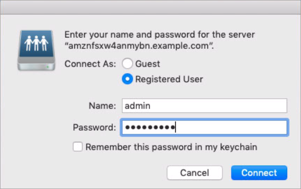 Schermata della connessione Mac che mostra come inserire le credenziali utente per il riquadro del file system.