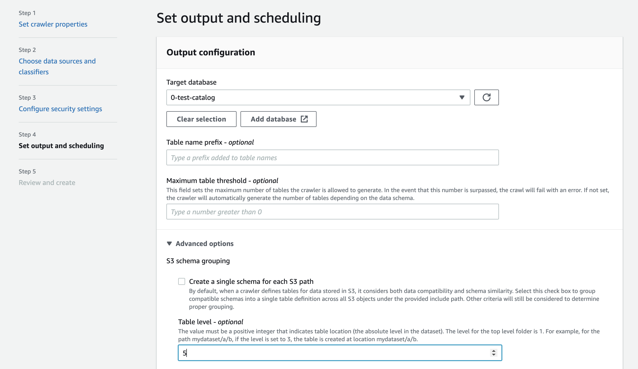 Specifica di un livello di tabella nella configurazione del crawler.