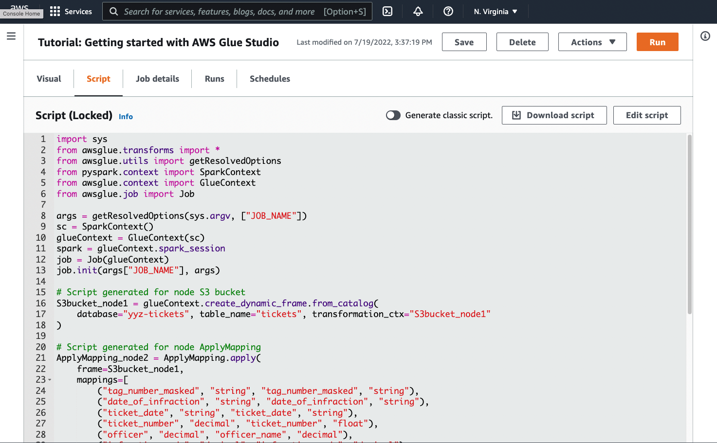 La scheda Script per un lavoro AWS Glue.