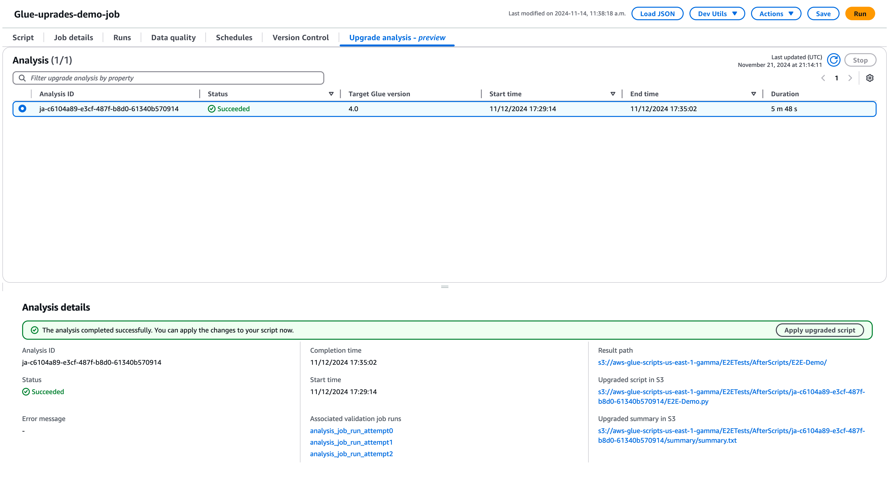 La schermata mostra l'analisi dell'aggiornamento completata. Il pulsante per Applica lo script aggiornato è visibile.