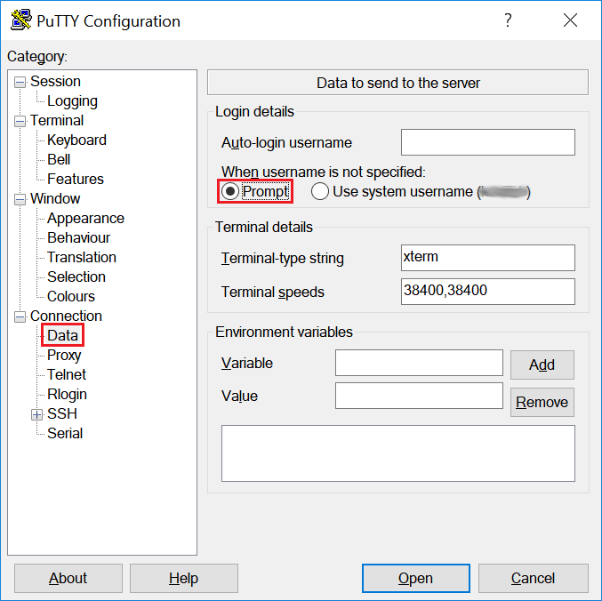 Finestra di PuTTY con "Prompt" selezionato.