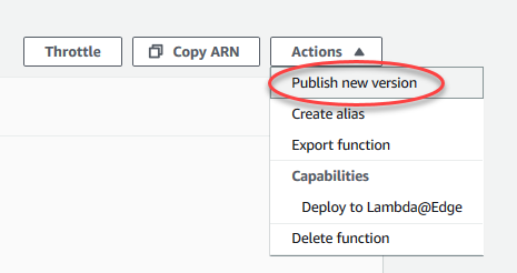 Screenshot del menu "Actions" con "Publish new version" evidenziato.