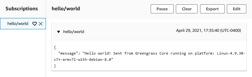 Screenshot del messaggio inviato all'argomento hello/world con il messaggio evidenziato.