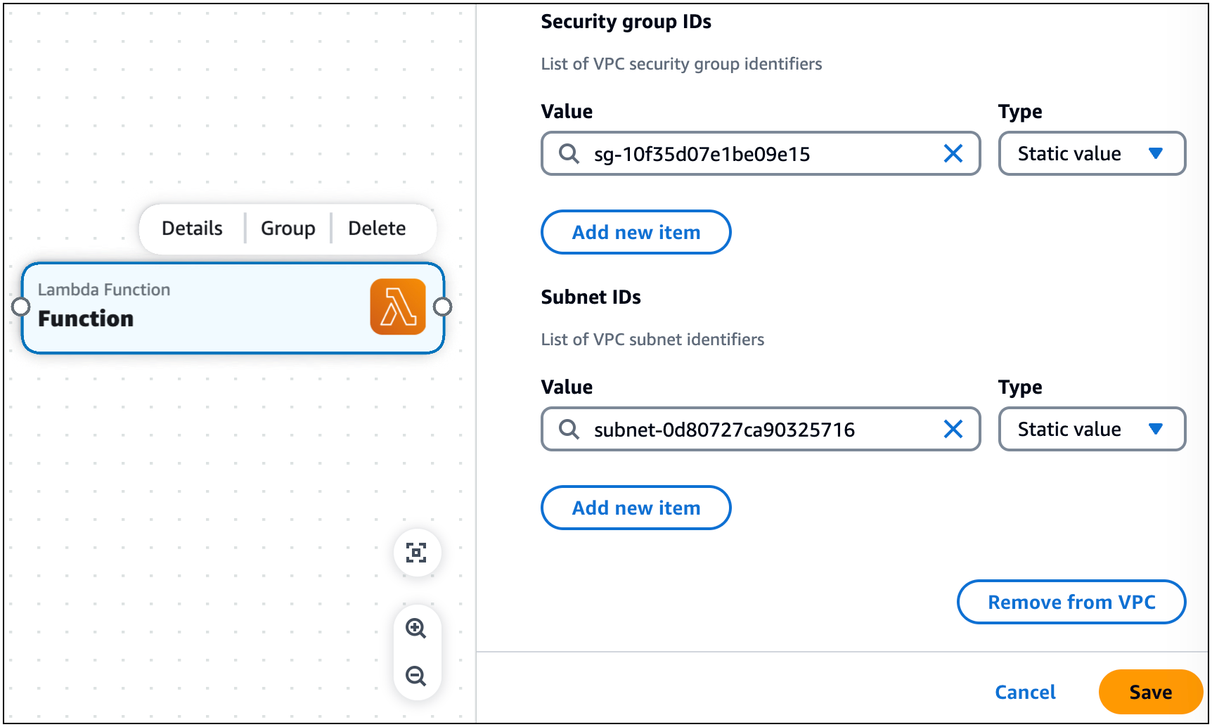 Il pannello delle proprietà delle risorse di una scheda Lambda Function con valori statici forniti nel campo ID del gruppo di sicurezza.