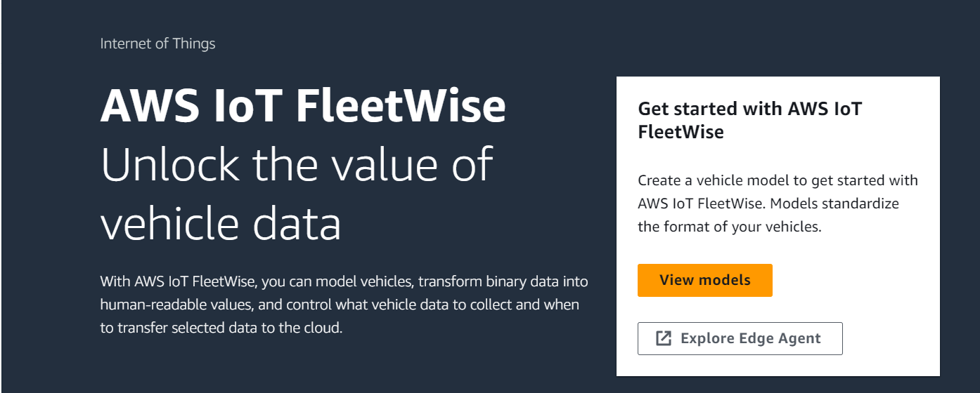 Un esempio è la home page del FleetWise servizio AWS IoT che mostra come scaricare la Guida per gli sviluppatori del FleetWise software Edge Agent for AWS IoT.