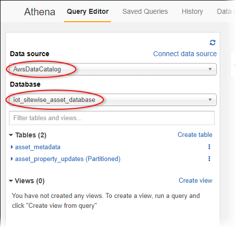 Schermata di Athena «Query Editor» con «Database» evidenziato.