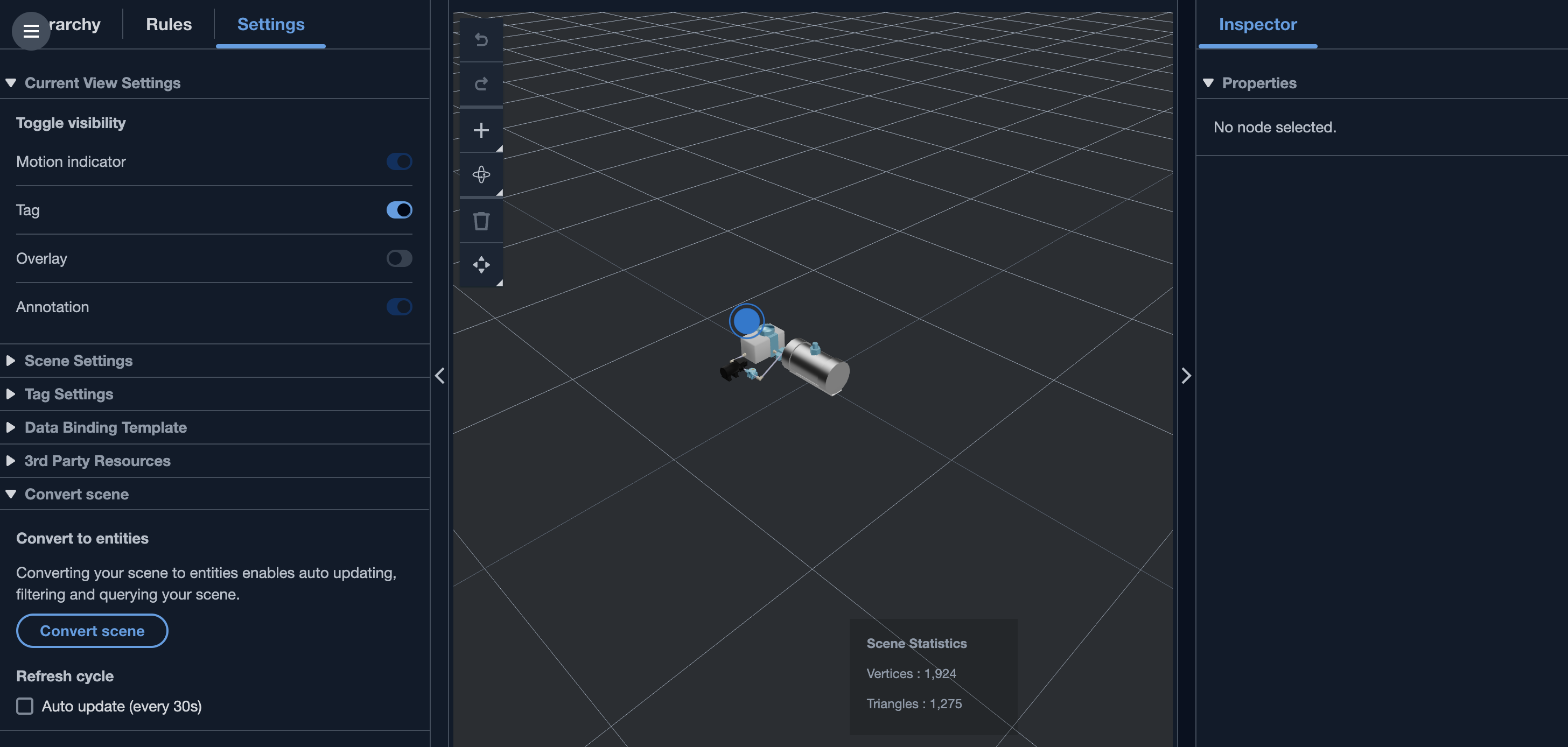 3D modeling interface with grid and a robotic arm model in the center.