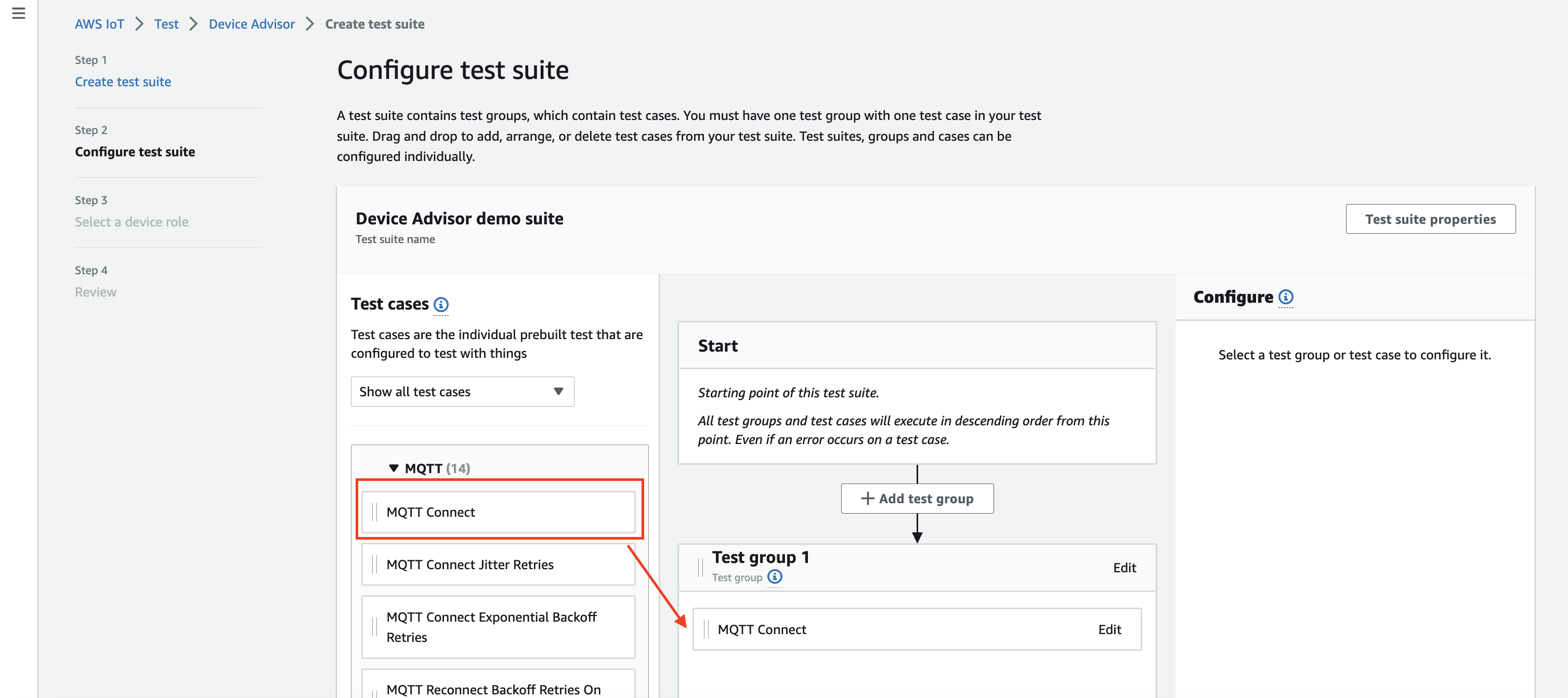 L'interfaccia di configurazione per la creazione di una suite di test in Device Advisor, con opzioni per aggiungere gruppi di test e casi di test per testare i dispositivi IoT.