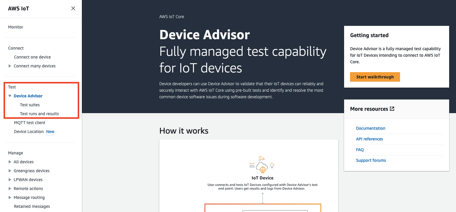 Device Advisor è una funzionalità di test completamente gestita per i dispositivi IoT con cui convalidare interazioni sicure AWS IoT Core, identificare problemi software e ottenere risultati dei test.