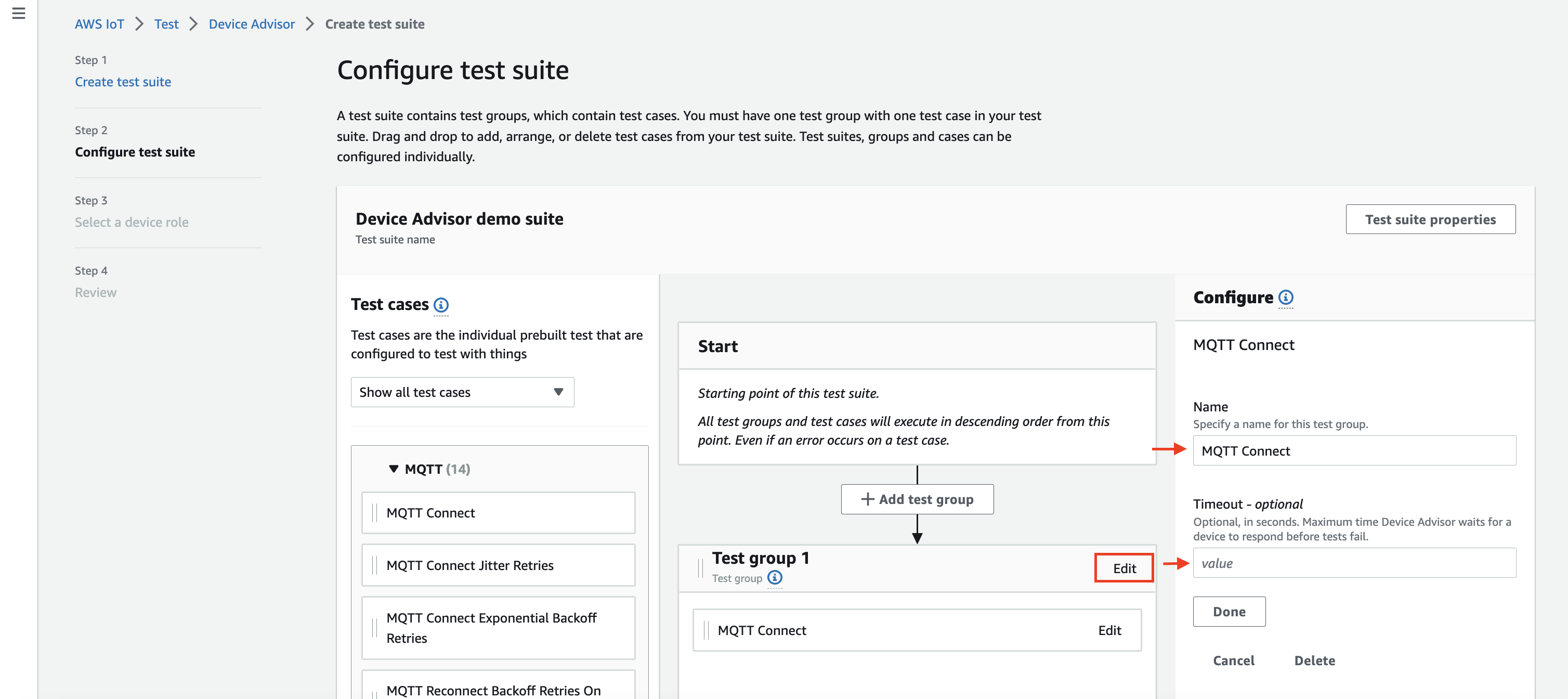 Interfaccia di configurazione della suite di test con opzioni per configurare gruppi di test, casi di test, impostazioni di timeout e punti di partenza per l'esecuzione della suite di test.