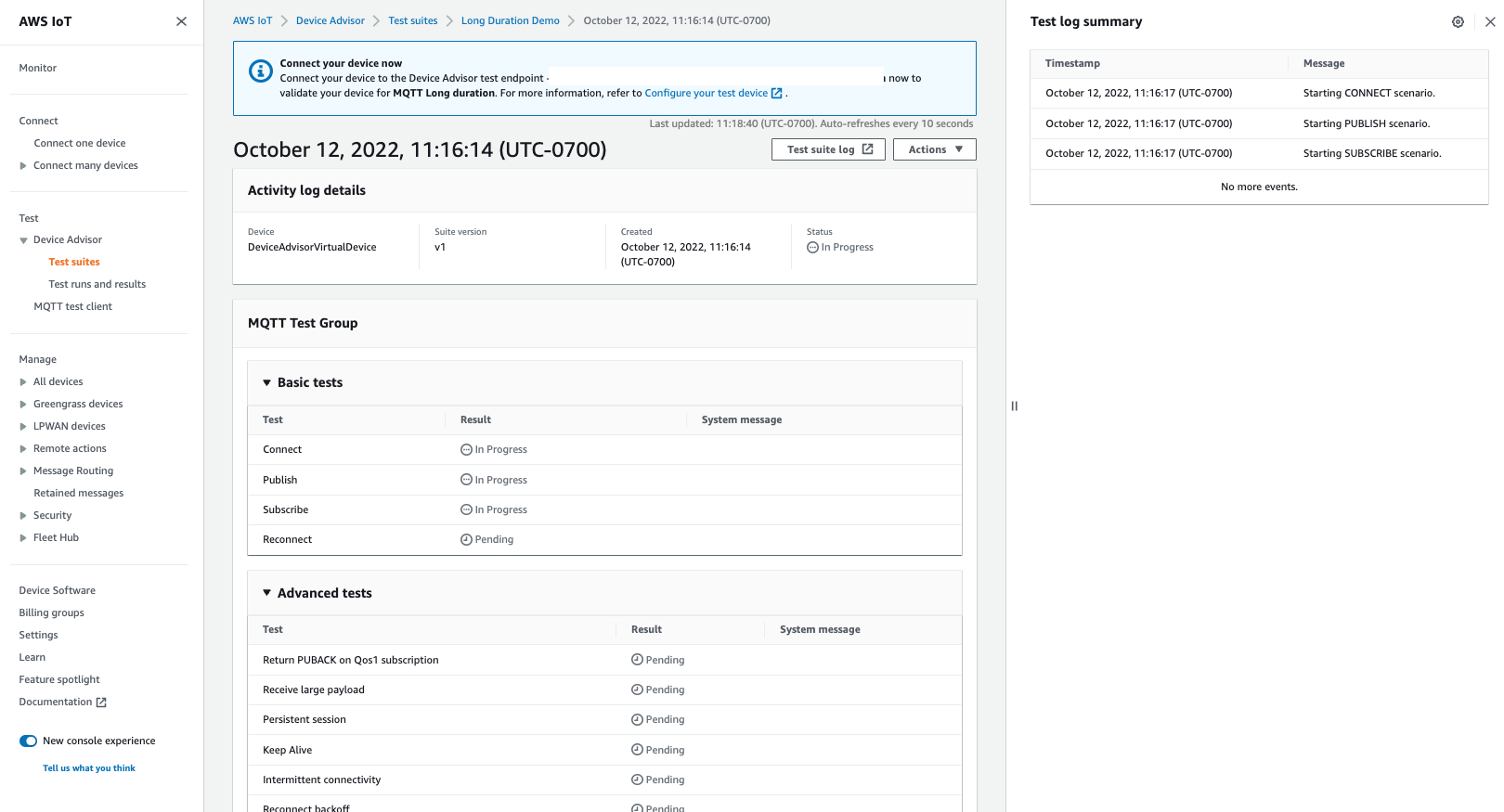 La sezione di riepilogo del registro di test nella pagina del test «Long Duration Demo».