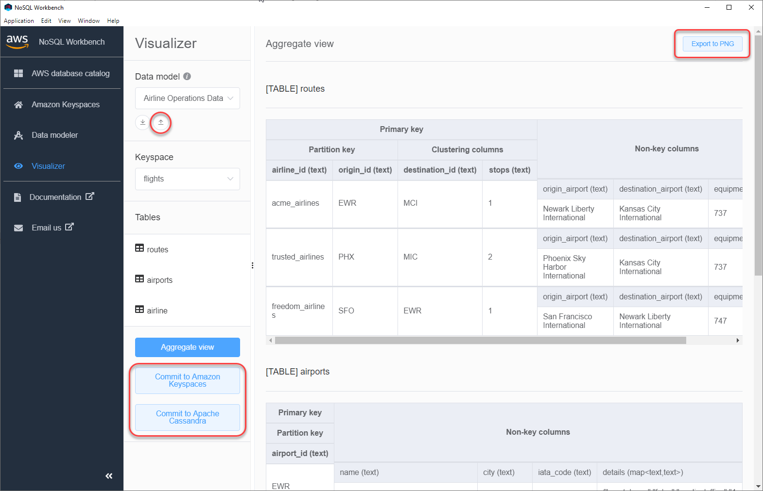 Schermata della console che mostra le opzioni di esportazione e commit del modello di dati.