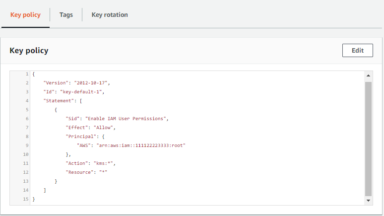 Visualizzazione della policy di chiave predefinita nella visualizzazione policy nella console AWS KMS