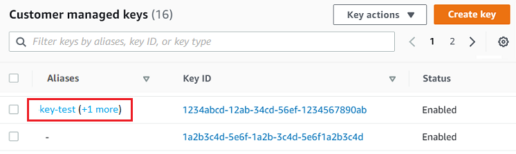 Chiavi gestite dal cliente interface showing a list with one key and options to create or filter keys.