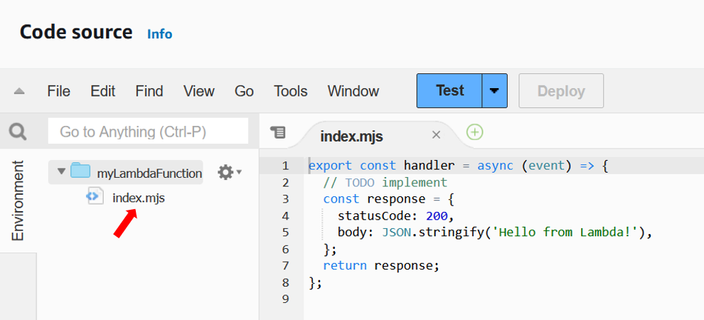 Diagramma che mostra l'editor di codice della console e il file index.mjs in File Explorer