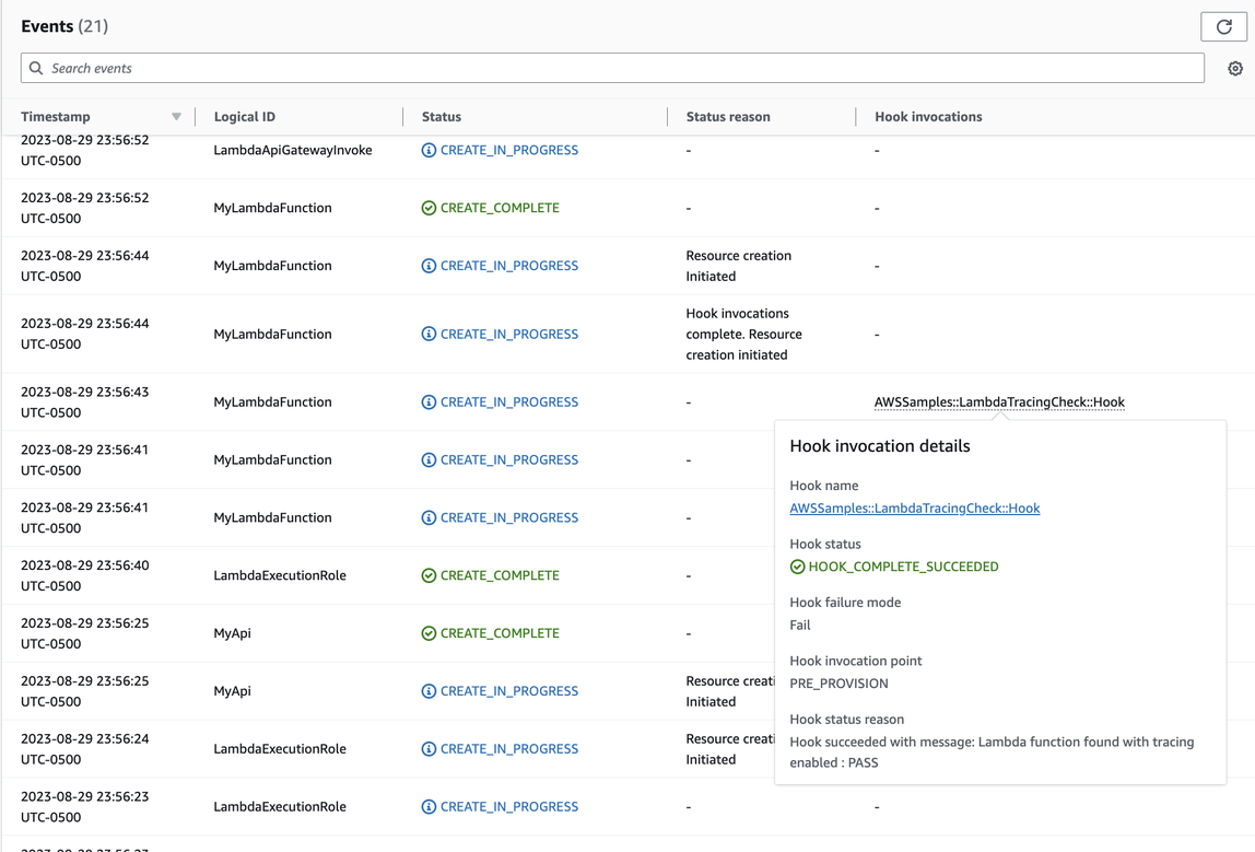 AWS CloudFormation console shows successful resource deployment