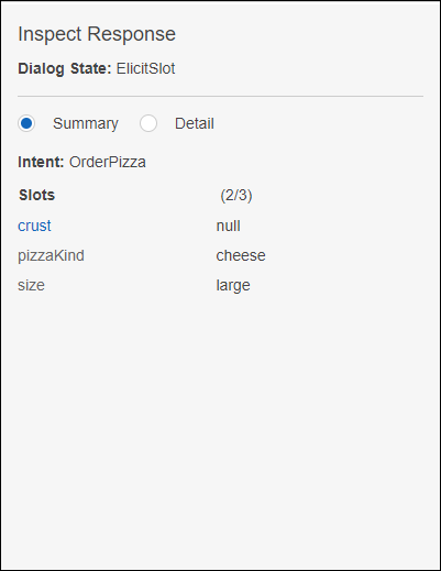 Il riquadro di ispezione riassuntivo delle risposte della console Amazon Lex.