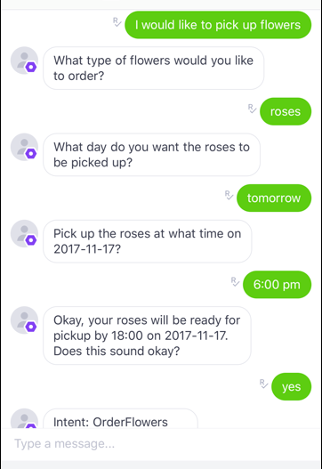 1. "I would like to pick up flowers; 2. roses; 3. tomorrow; 4. 6:00 p.m.; 5. yes.