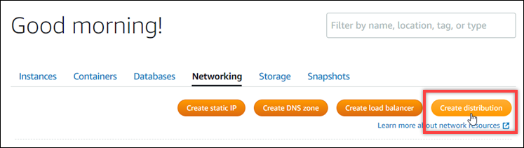 Il pulsante Crea distribuzione nella console Lightsail.