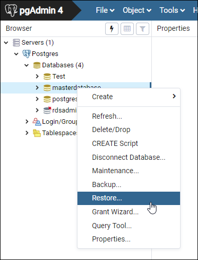 Ripristino di un database in pgAdmin.