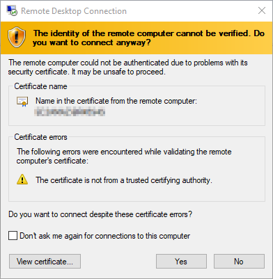 Conferma del certificato di Connessione Desktop remoto.