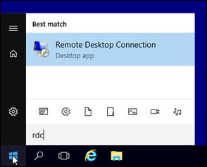 Connessione Desktop remoto nei risultati di ricerca del menu Start.