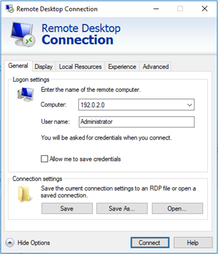 Opzioni di Connessione Desktop remoto.