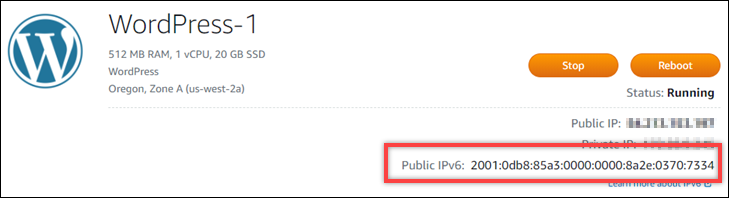 IPv6Indirizzo dell'istanza nell'area dell'intestazione della pagina di gestione dell'istanza.