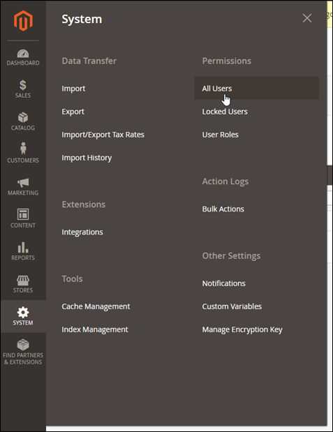 Opzione All users (Tutti gli utenti) nel riquadro di navigazione Magento